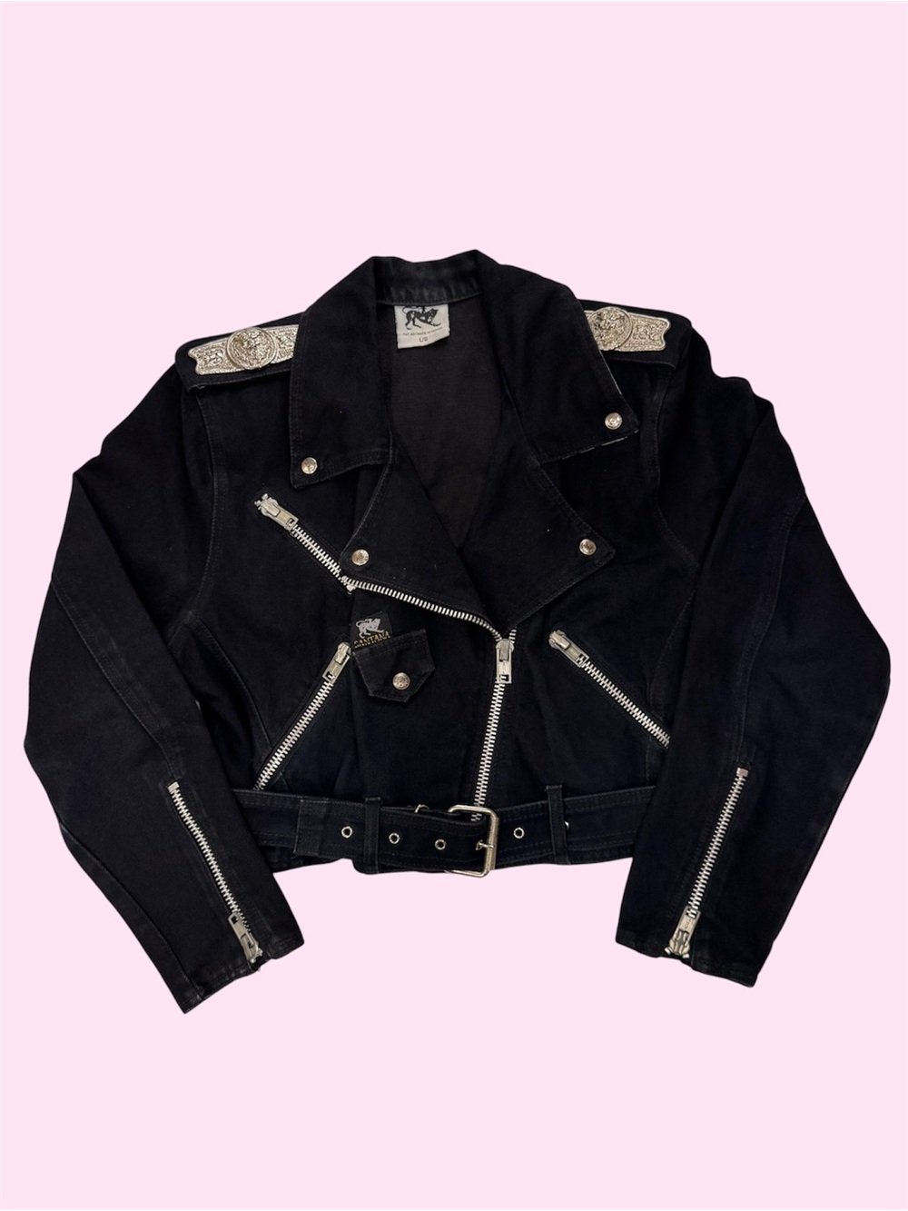 Vintage 80s 90s Parasuco Moto Jacket Black Denim Silver Embellishments Cropped L
